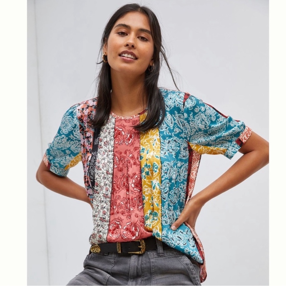 Anthropologie Daniel Rainn blouse beaded floral patchwork flowy boho pleated NWT